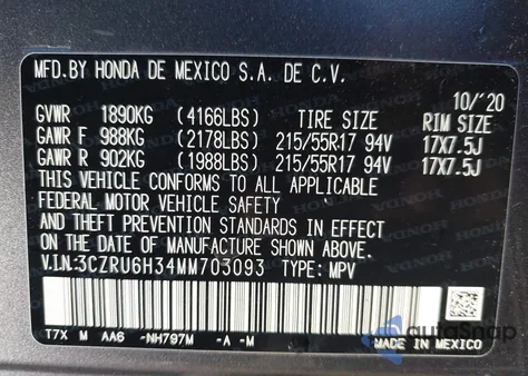 2021 Honda Hr-V Awd Lx z USA, uszkodzony, nr VIN 3CZRU6H34MM703093